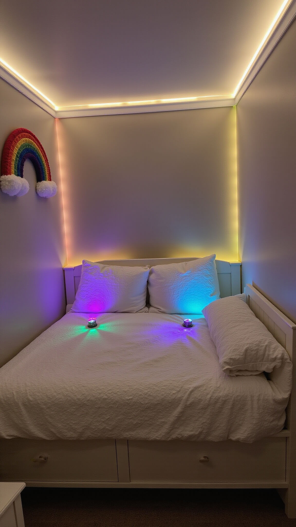 Children's bedroom at dusk with rainbow LED crown molding, white daybed, yarn rainbow wall art, and pastel lighting on textured bedding.