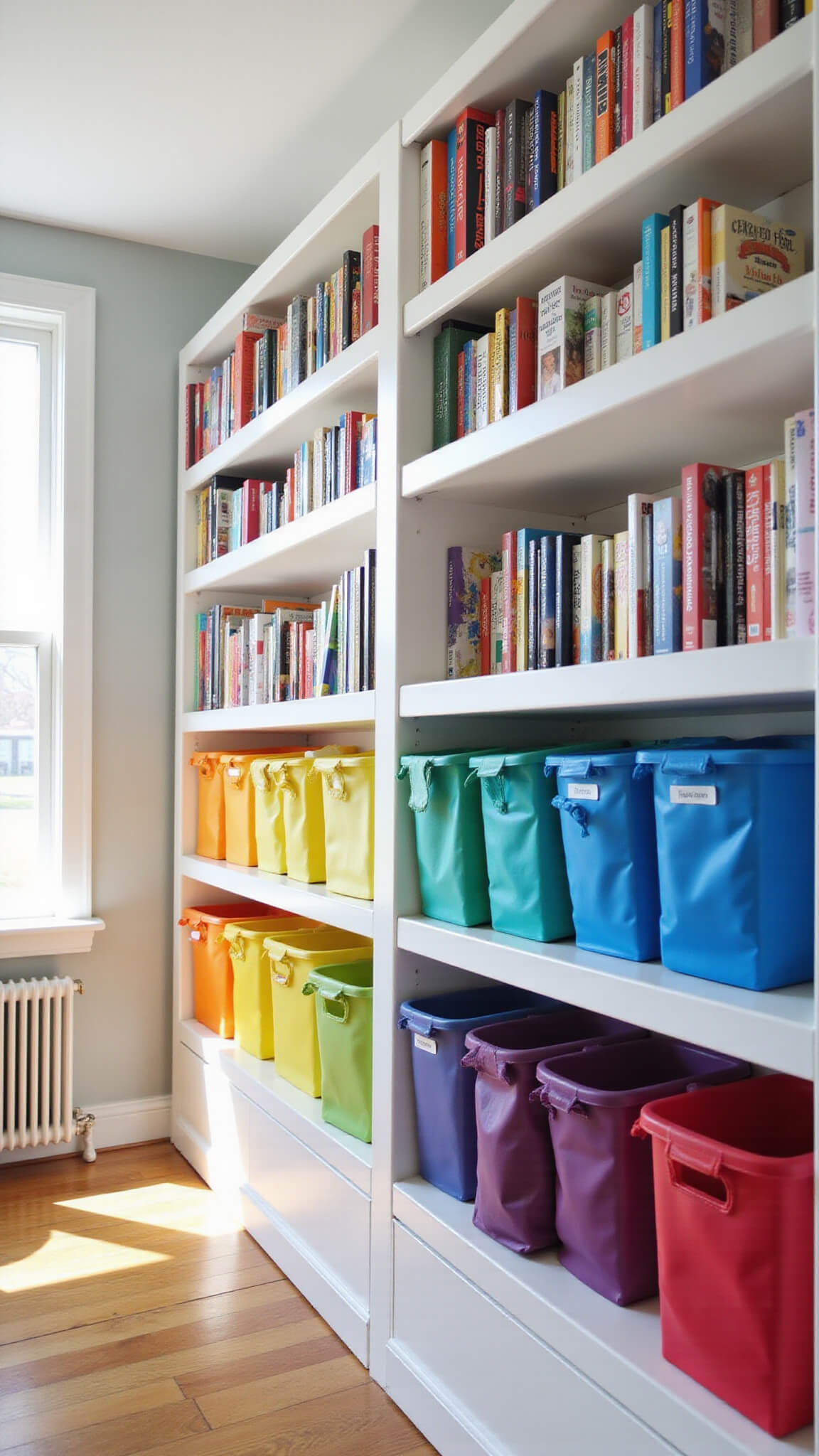 Color-organized rainbow bookshelf in sunlit bedroom with white shelves and colorful storage bins below.