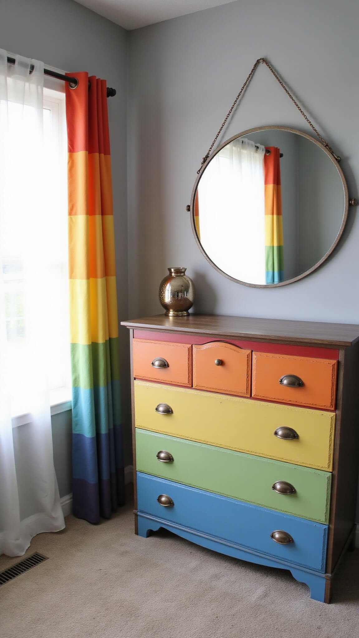 Bedroom with rainbow-striped curtains, gradient rainbow dresser drawers, metallic hardware, and circular mirror reflecting morning light.