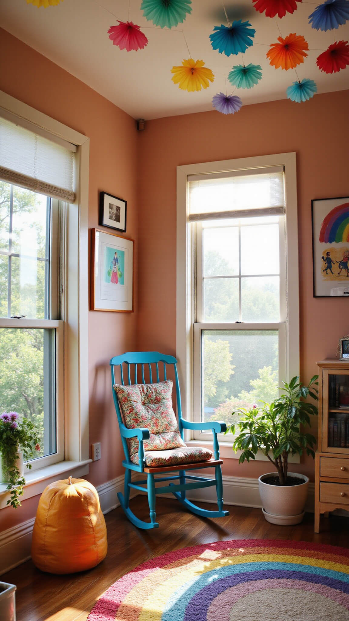 Colorful DIY rainbow-themed room with hand-painted furniture, tissue paper garlands, a rainbow-painted rocking chair in a reading nook, and prism crystals casting natural rainbows in late afternoon sunlight.