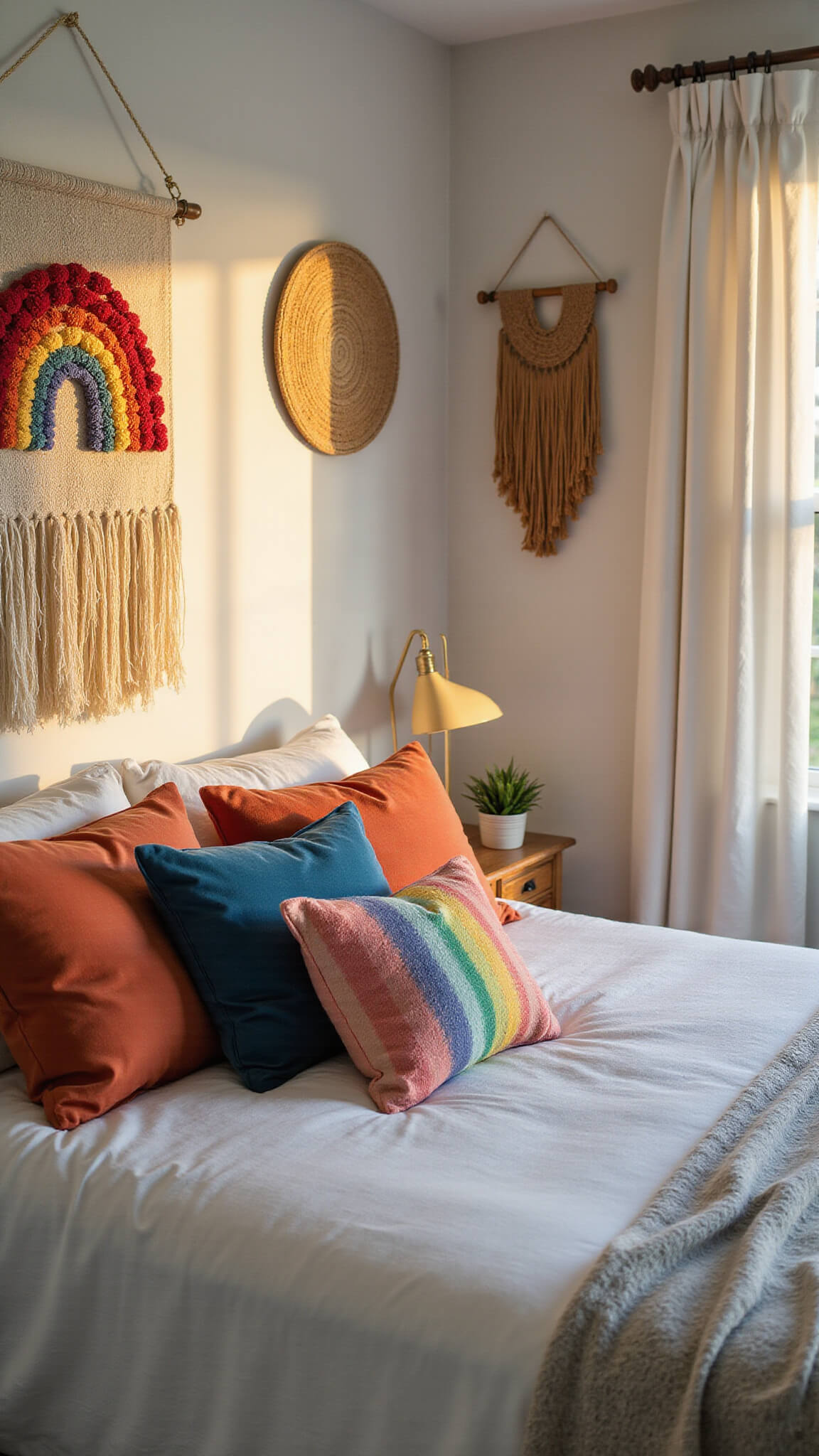Golden hour light fills a rainbow-themed bedroom with velvet pillows, woven wall hangings, and metallic accents, balanced against white walls in a 60-30-10 color scheme.