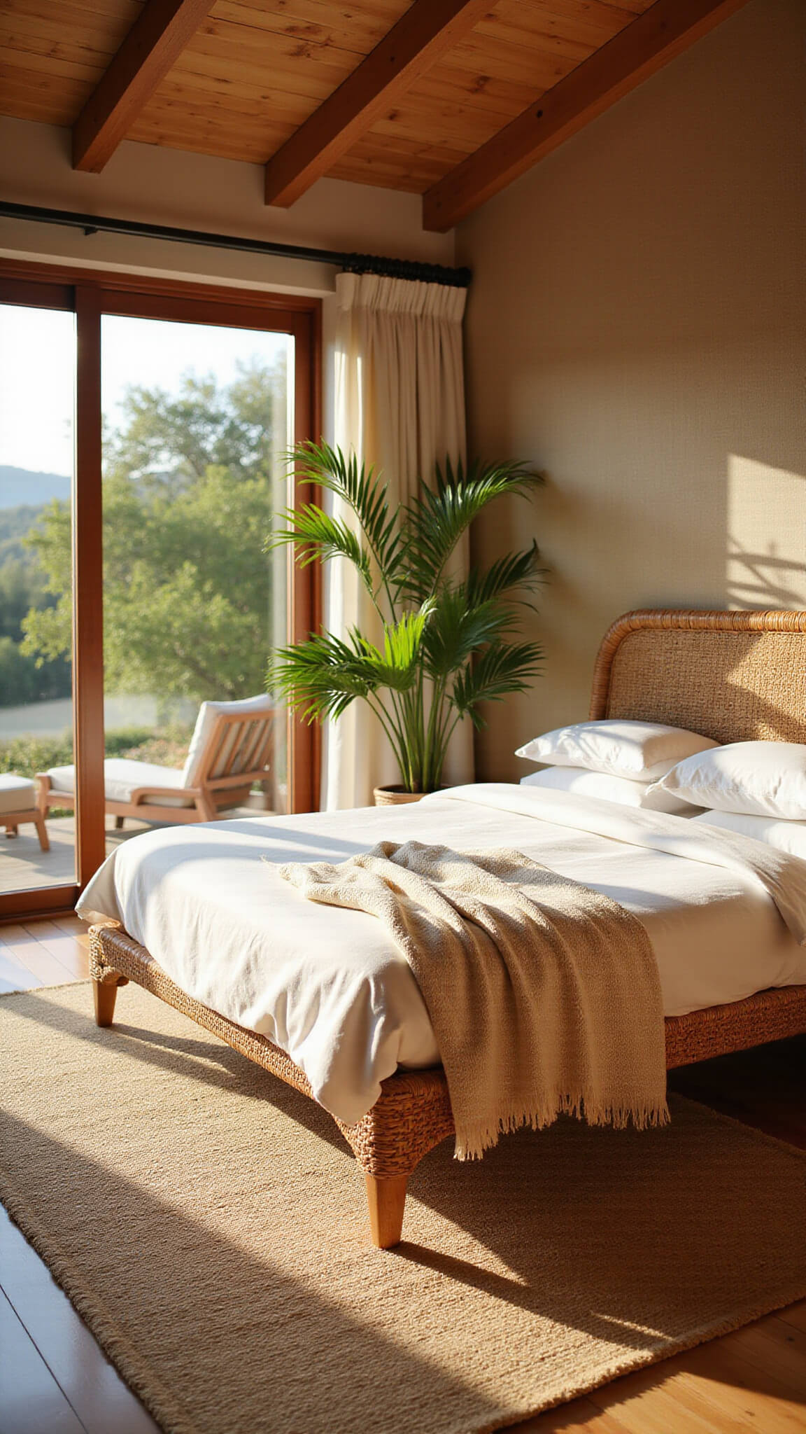 Sunlit bedroom with rattan king bed, white linens, textured throws, tropical plants, jute rug on teak floor, and sand-toned grasscloth wallpaper at golden hour.