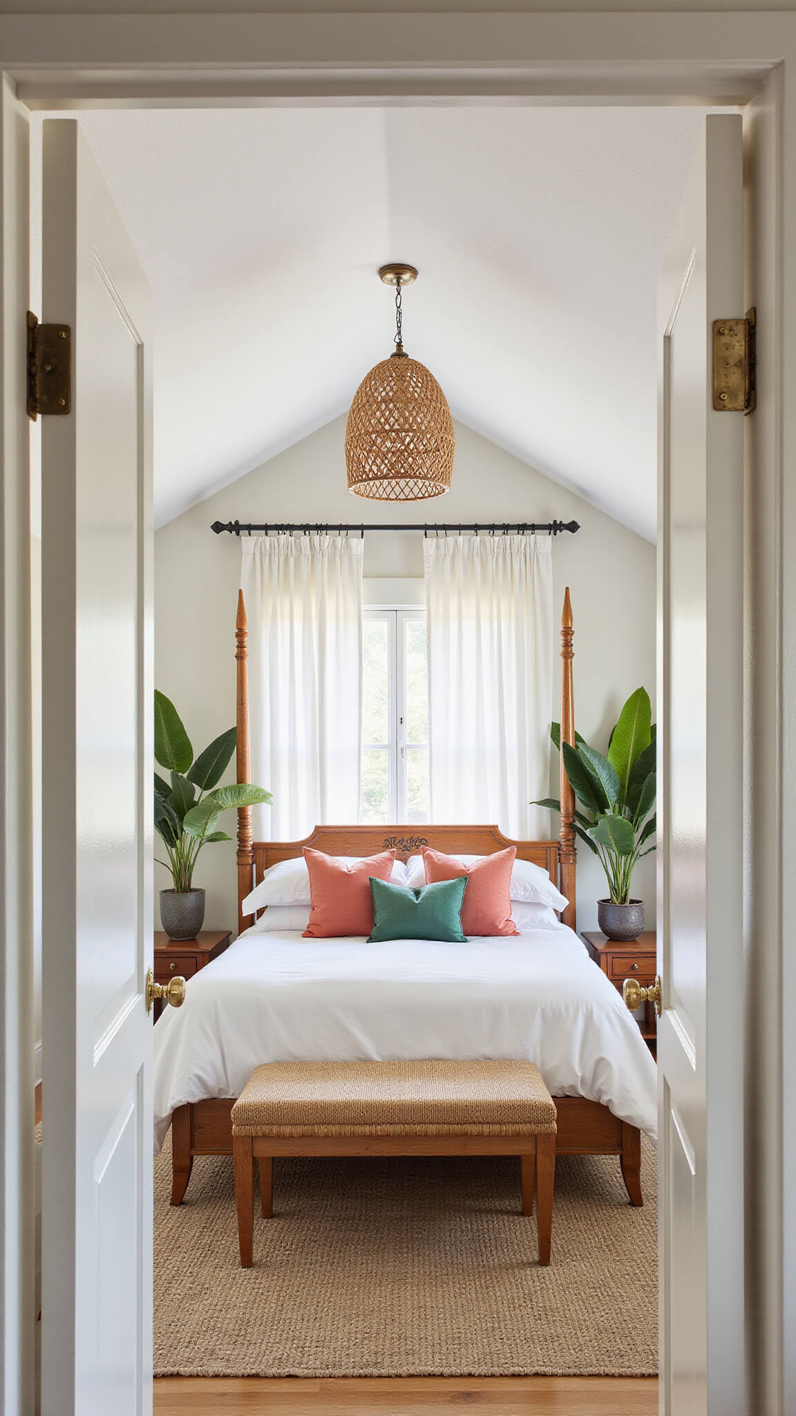 Low-angle view of airy bedroom with bamboo four-poster bed, white linens, coral and emerald pillows, woven pendant light, monstera plants, vintage teak dresser, and sheer curtains in morning light.