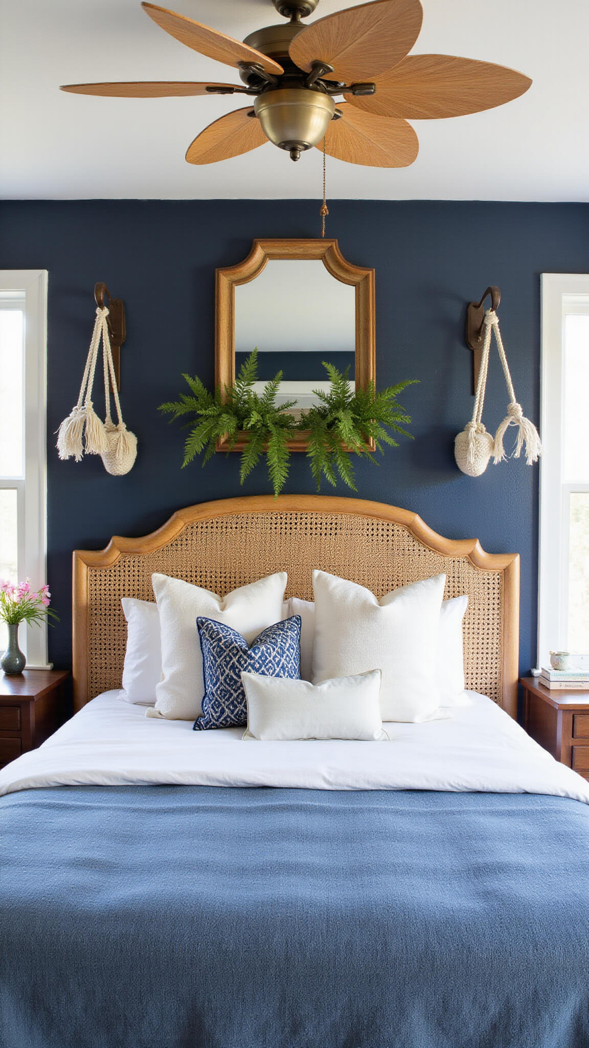 Dusk-lit 16x18ft master bedroom with coconut palm ceiling fan, navy grasscloth accent wall, rattan headboard, white and ocean blue bedding, hanging Boston ferns, antique brass mirror, and warm LED uplighting.