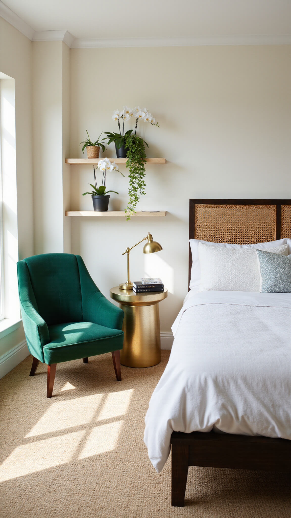 Serene corner bedroom with modern cane bed, emerald velvet chair, brass side table, orchids on floating shelves, and sisal carpet in soft afternoon light.