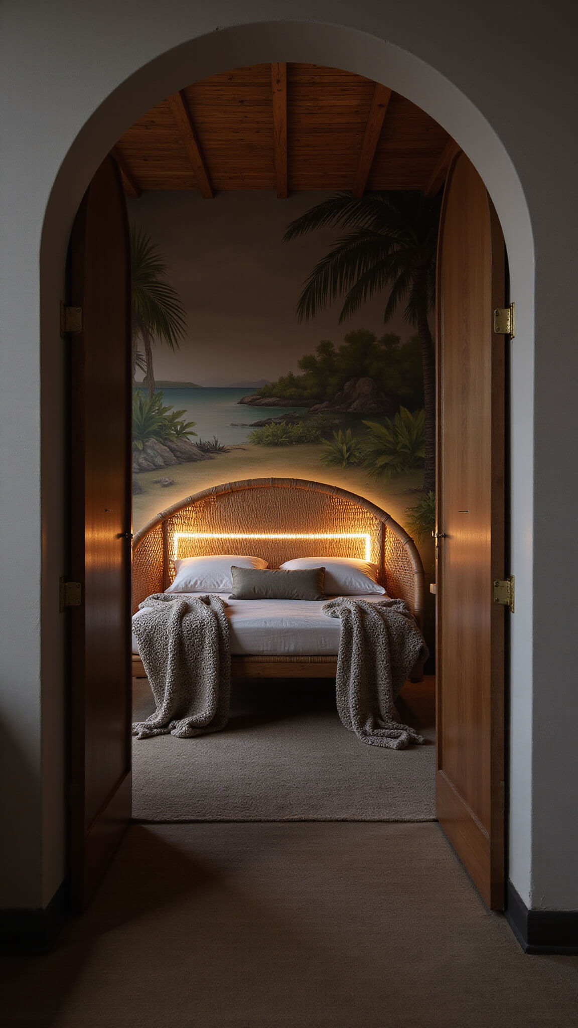 Moody evening bedroom with rattan daybed, chunky knit throws, tropical mural, ambient LED lighting, and bamboo headboard, viewed from above through curved archway.