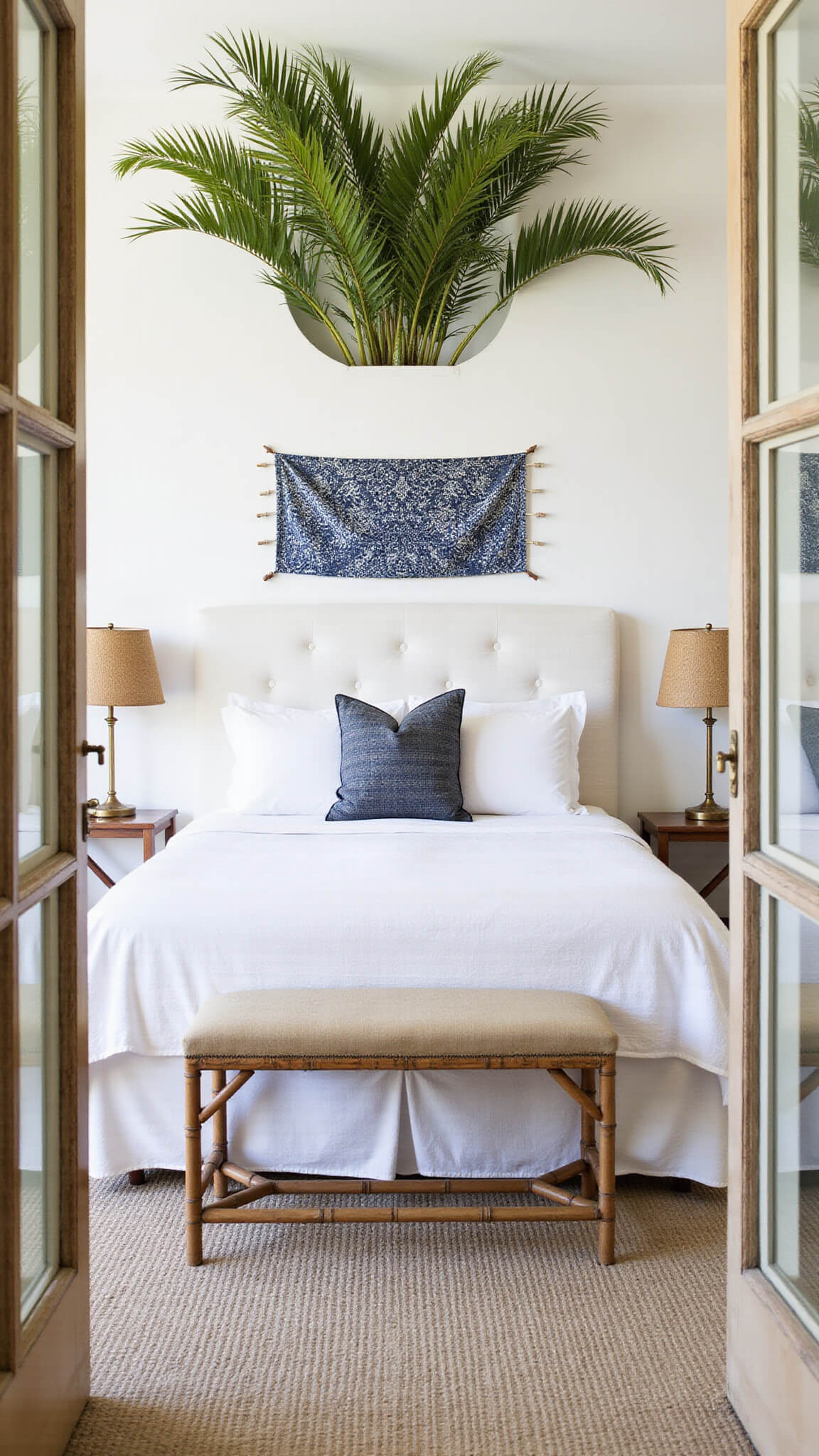 Master bedroom with white upholstered bed, bamboo lamps, vintage indigo tapestry, potted palms divider, and French doors opening to balcony.