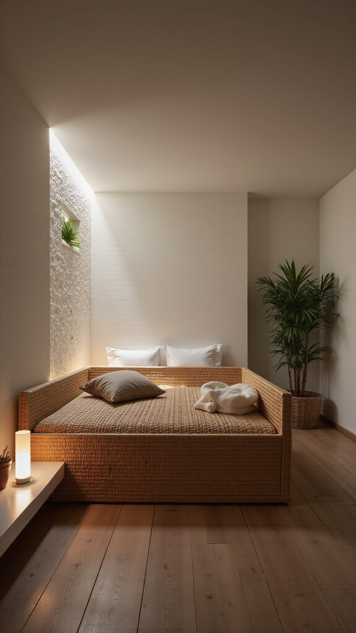 Cozy 12x12ft guest bedroom at twilight with floating rattan bed, embossed white walls, copper water feature, and woven storage baskets.