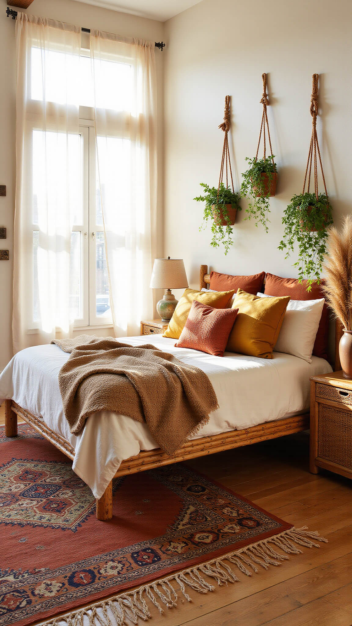 Sunlit boho bedroom with rattan bed, layered rugs, textured pillows, hanging plants, and sheer curtains glowing in golden hour light.