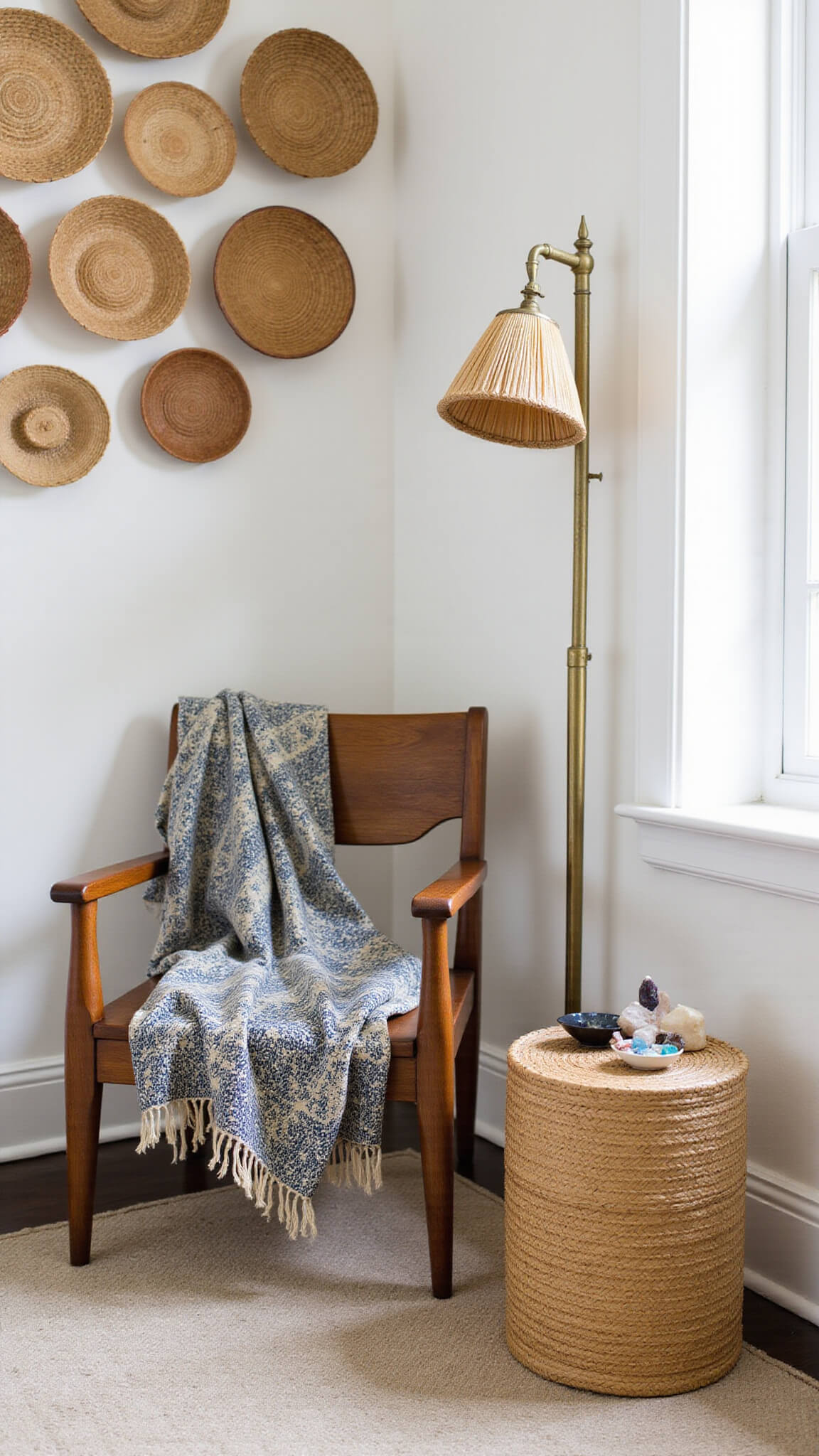Boho bedroom corner with teak reading chair, Moroccan blanket, woven wall baskets, brass floor lamp, and rattan side table with crystals and incense holder in soft natural light.