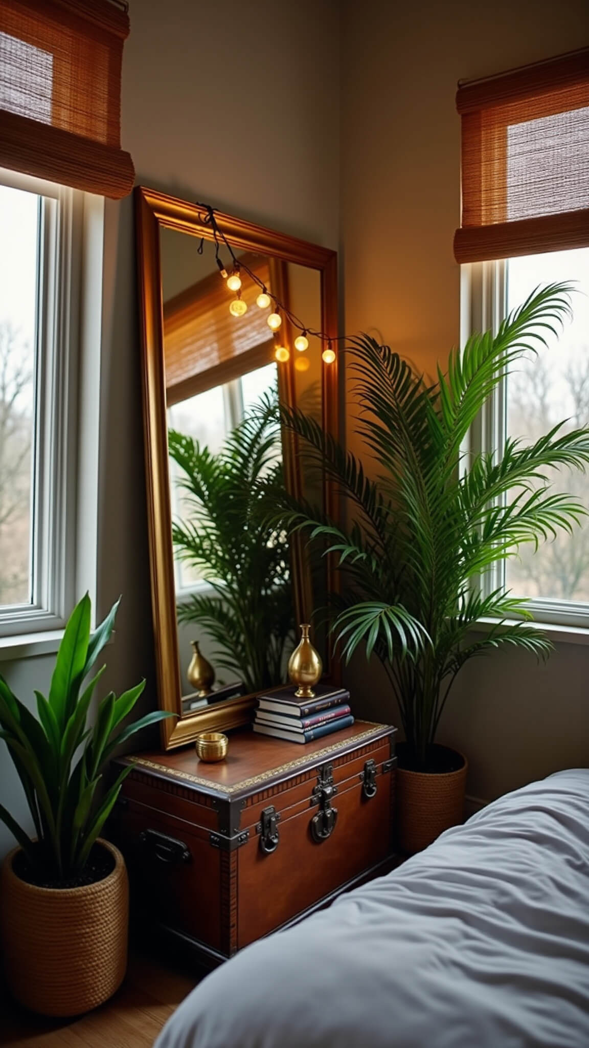 Dramatic bedroom at dusk featuring a large vintage brass-framed mirror reflecting string lights, flanked by tall potted palms, with a distressed wooden trunk styled with books and brass decor below.