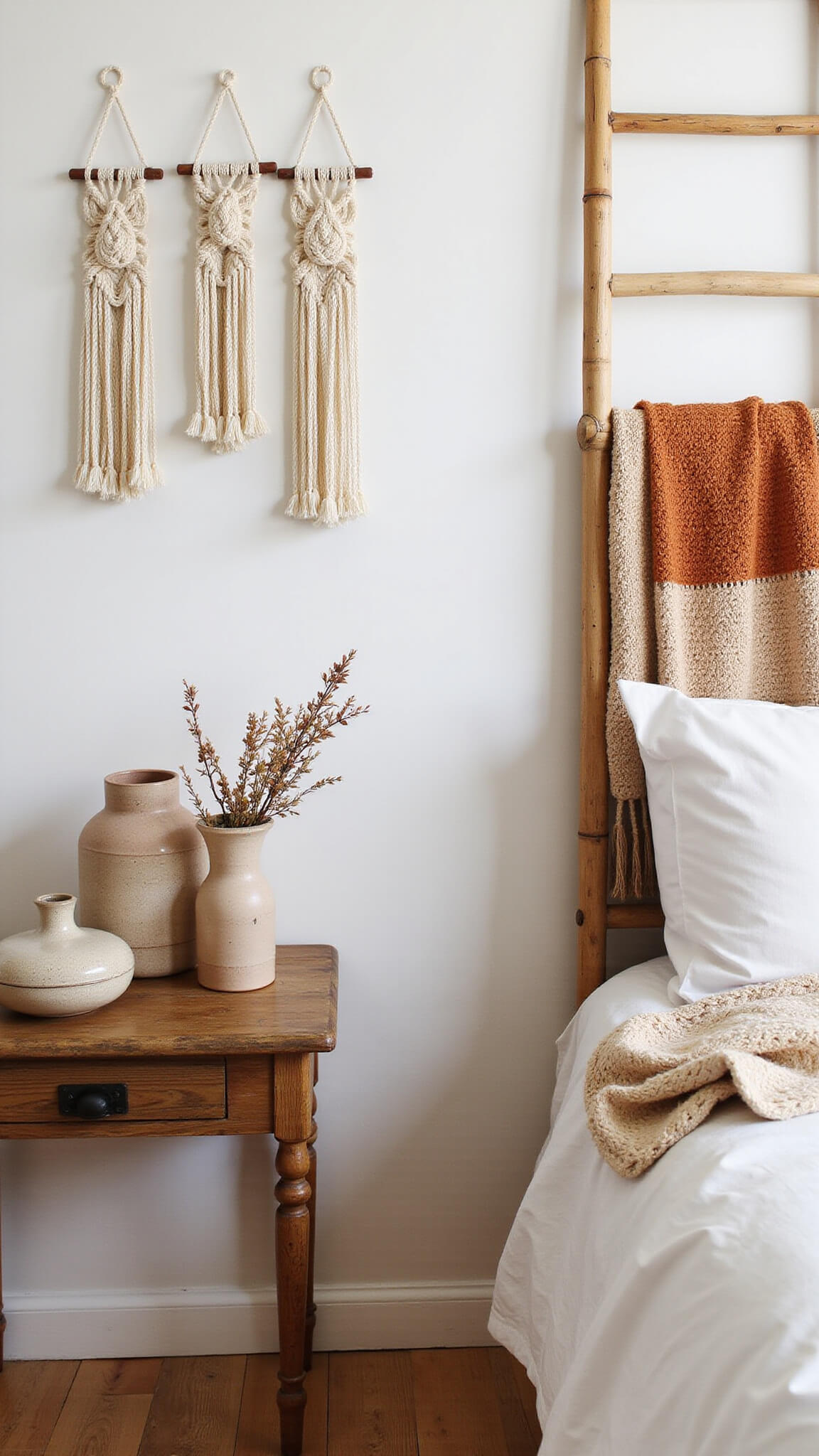 Serene bedside with wooden nightstand, earth-tone pottery, dried botanicals, macramé wall hangings, and bamboo ladder with rust and cream throws.