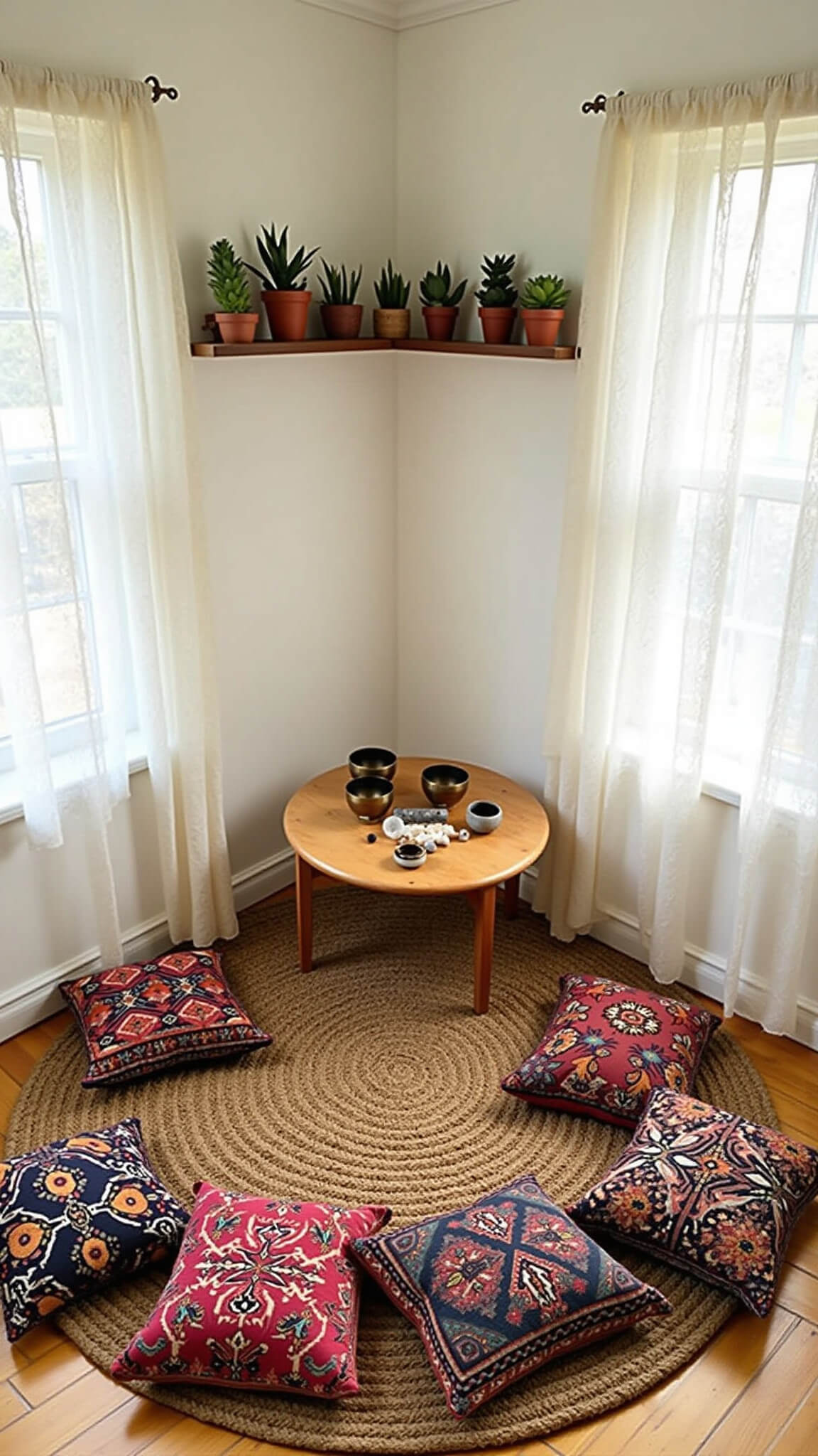Cozy meditation corner with jewel-toned Kilim cushions on a jute rug, low wooden altar with singing bowls and crystals, soft sunlight through white curtains, and potted succulents on a floating shelf above.