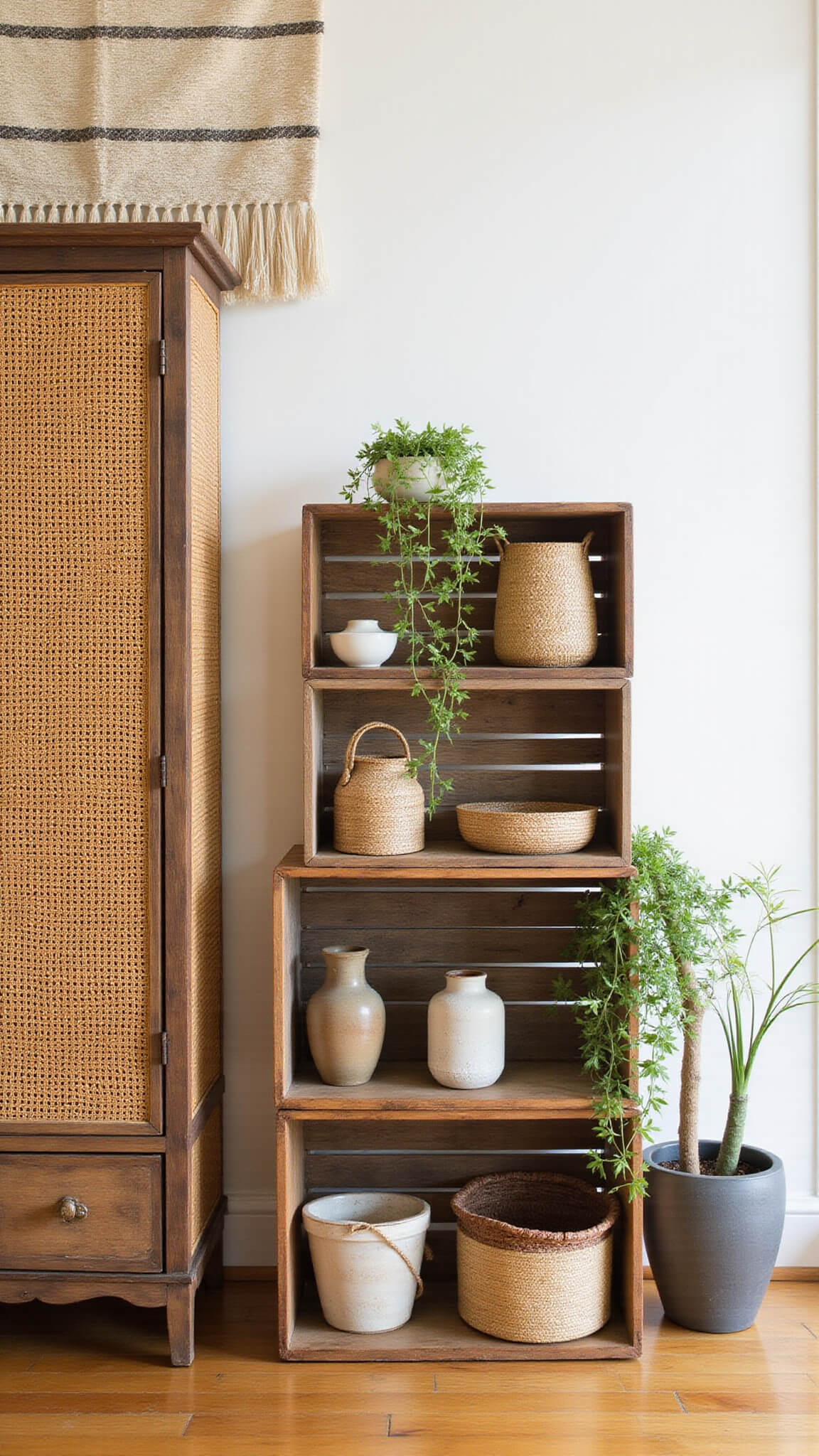 Bohemian storage wall with stacked vintage wooden crates, rattan armoire, woven baskets, ceramic vessels, trailing plants, and a neutral handwoven tapestry above.