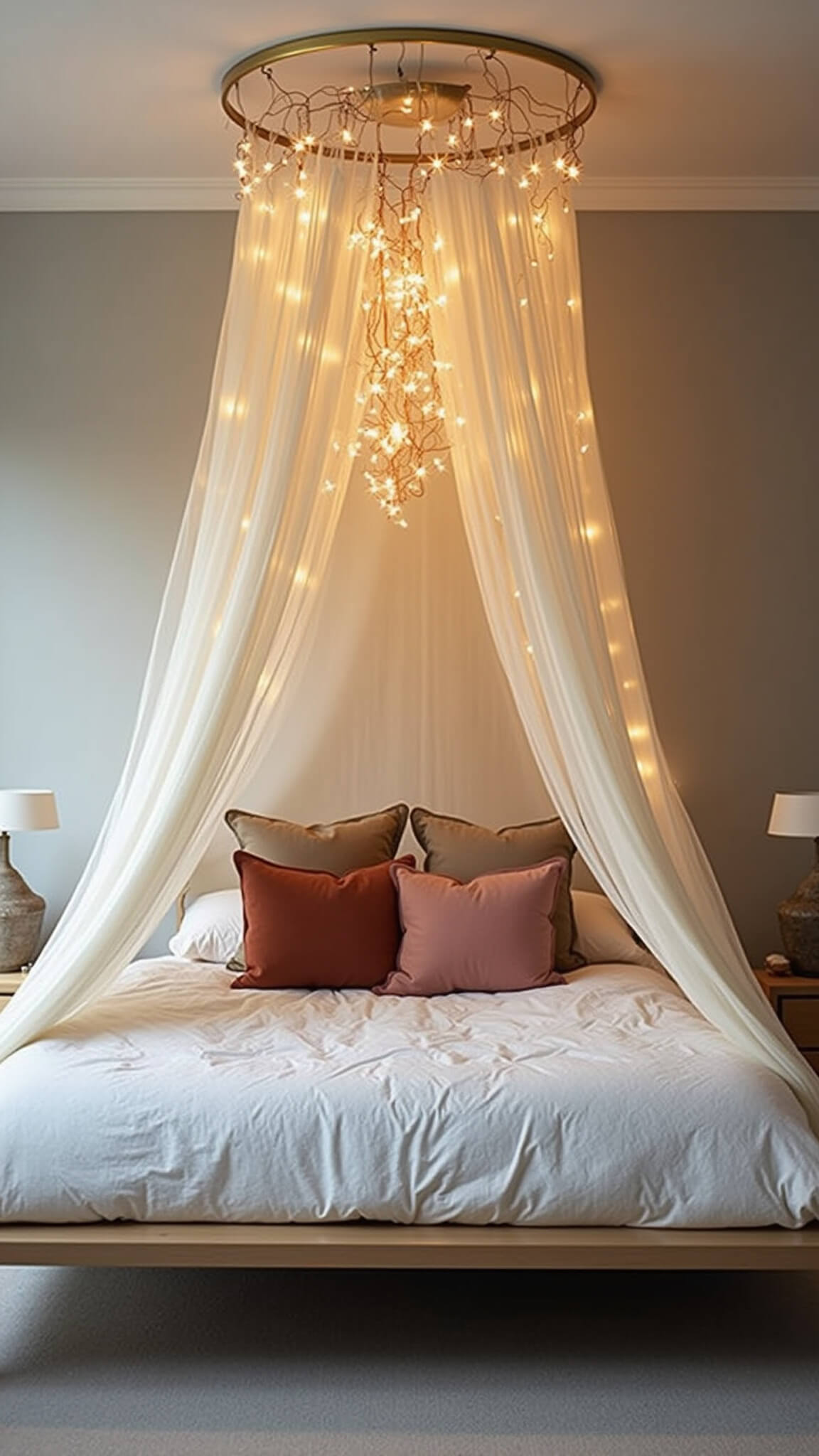 Dreamy twilight bedroom with sheer cream canopy, warm linen bedding, vintage silk pillows, and twinkling copper lights.