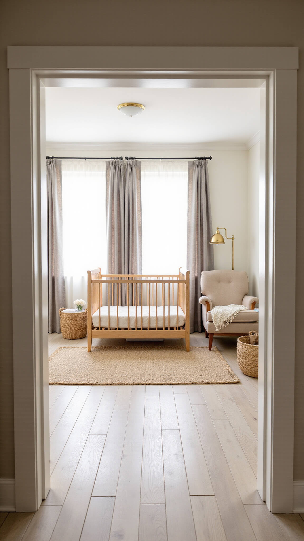 Warm, softly lit nursery with light oak crib, neutral-toned bedding, oatmeal glider, and natural textures like jute rug and seagrass baskets.