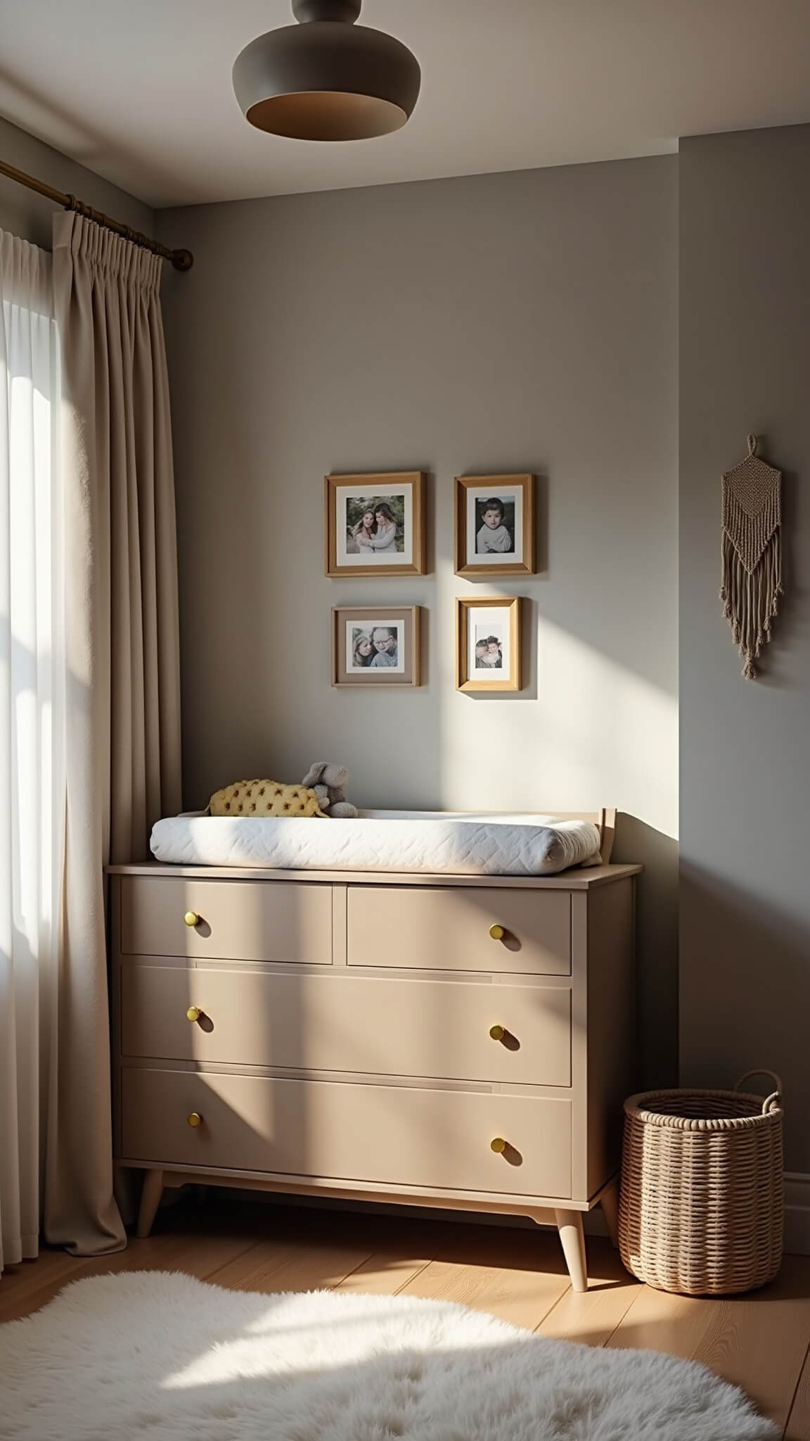 Cozy nursery with dim ceramic pendant lighting, greige dresser with brass hardware, family photo gallery above, and textured decor including sheepskin rug and linen curtains.