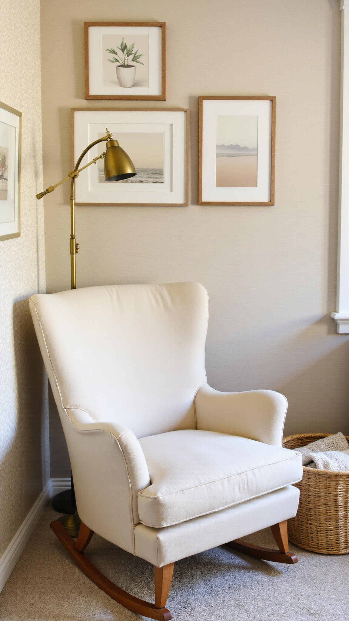 Golden hour nursery corner with ivory glider, brass side table, arched lamp, earth-toned artwork, woven basket, and textured wallpaper.
