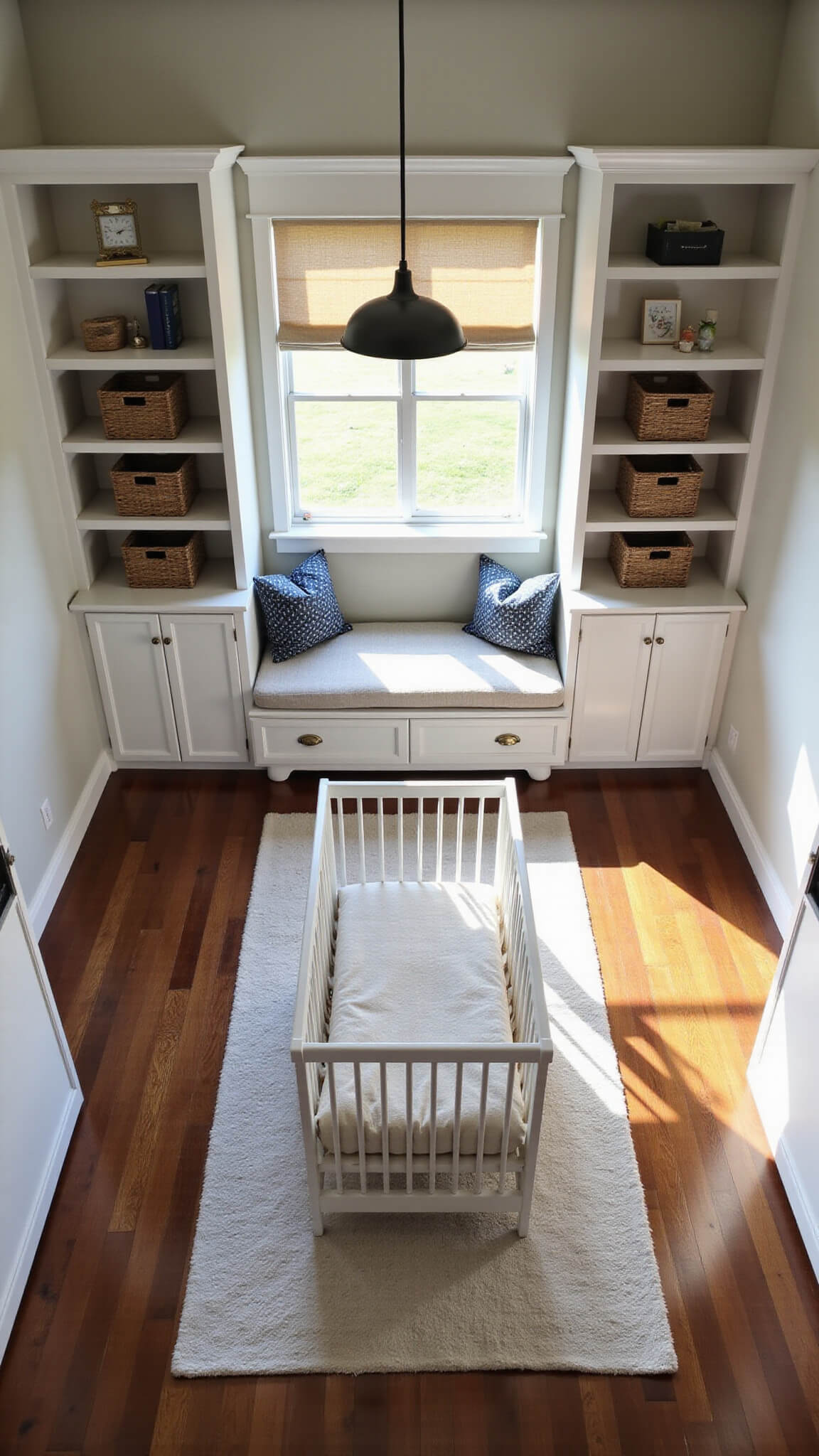 Overhead view of a 14x16ft nursery with convertible crib, built-in window seat and storage, flanked by floor-to-ceiling bookshelves in warm white, showcasing smart space planning and natural light.