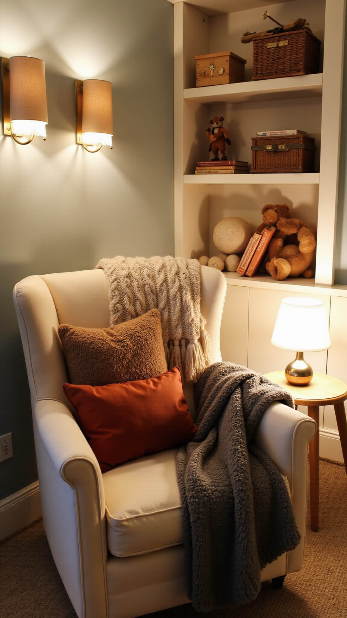 Cozy nursery reading nook at dusk with warm lighting, cream armchair, textured pillows and throws, and built-in shelves displaying wooden toys and vintage books.