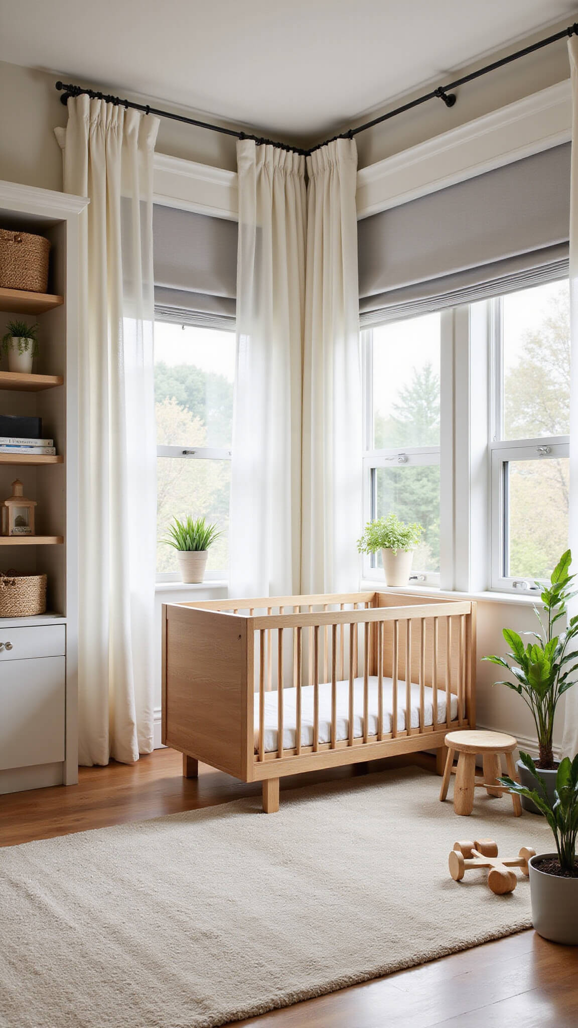 Wide-angle nursery with modern oak crib, layered white curtains, floating shelves, hidden storage, plants, and wooden activity gym in bright natural light.