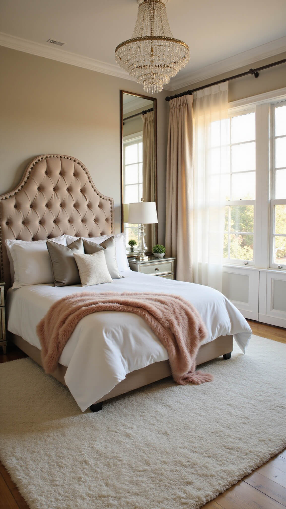Luxurious master bedroom with champagne velvet tufted headboard, white linens, blush pink throw, and golden hour light through floor-to-ceiling windows.