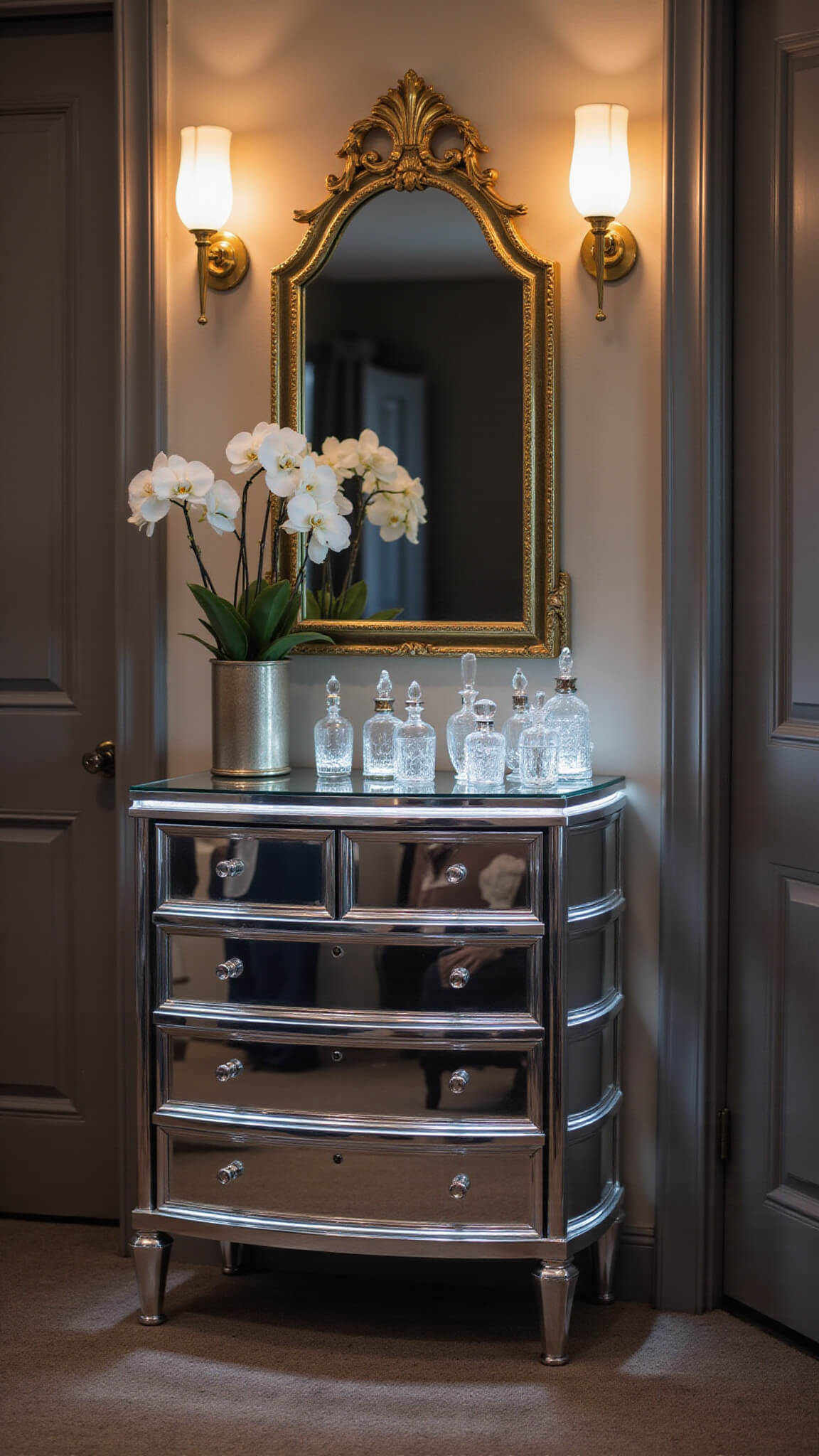 Mirrored dresser vignette in cozy bedroom corner at dusk with vintage perfume bottles, gold-leafed mirror, white orchids, and warm LED and sconce lighting.