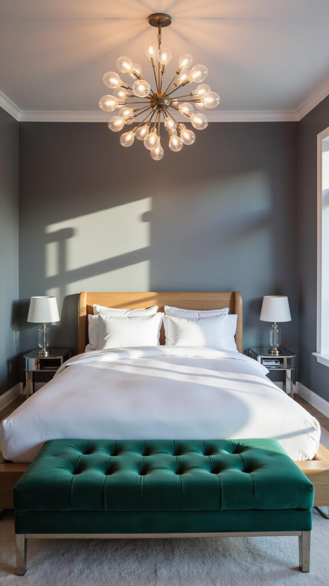 Contemporary 16x18ft bedroom at twilight with dramatic lighting, sputnik chandelier casting shadows on dove grey wall, emerald velvet bench at foot of platform bed with white linens, chrome and lucite side tables, wide-angle view showing full room.