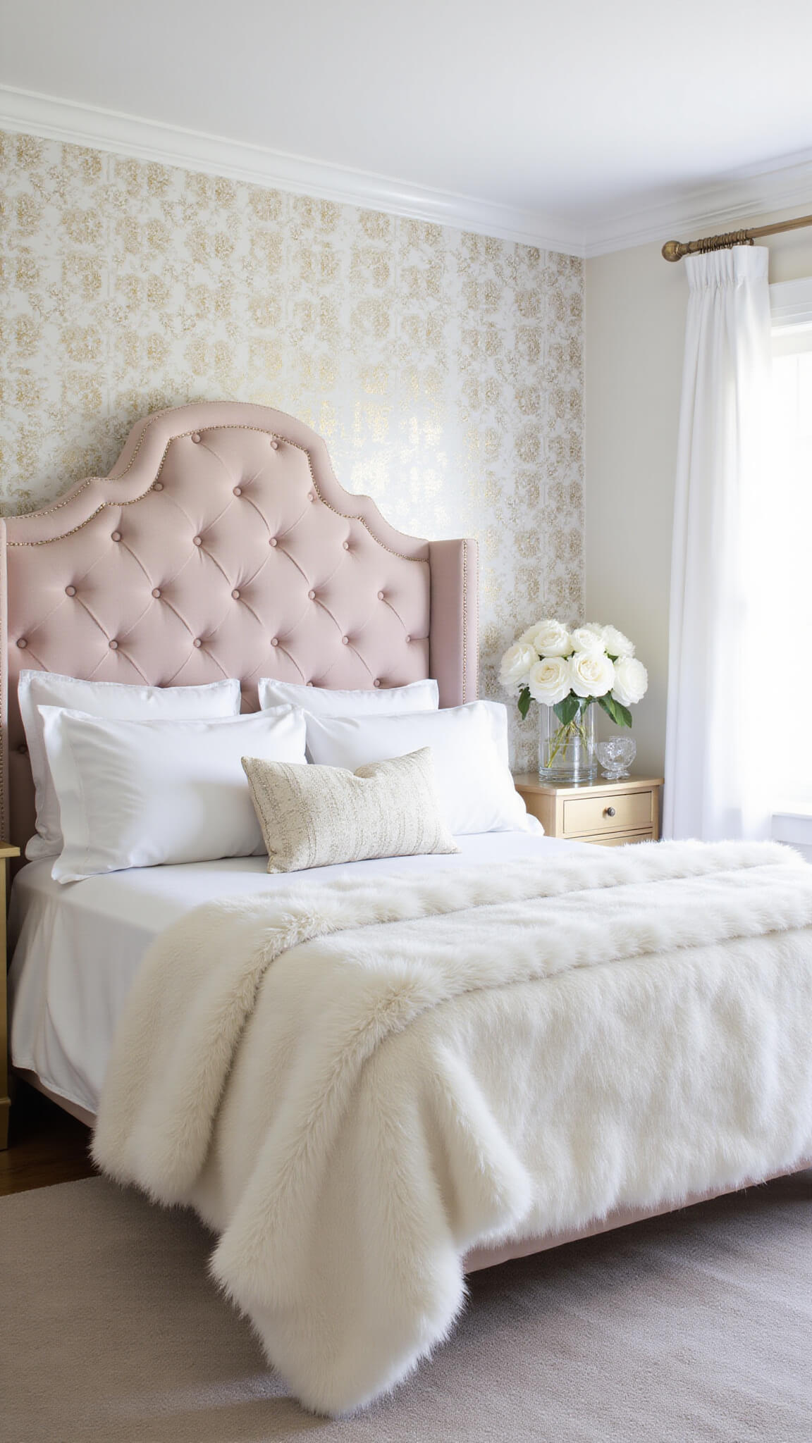 Glam boudoir with blush pink tufted headboard, white faux fur bedding, gold-leaf nightstands, and morning light streaming through sheer drapes.