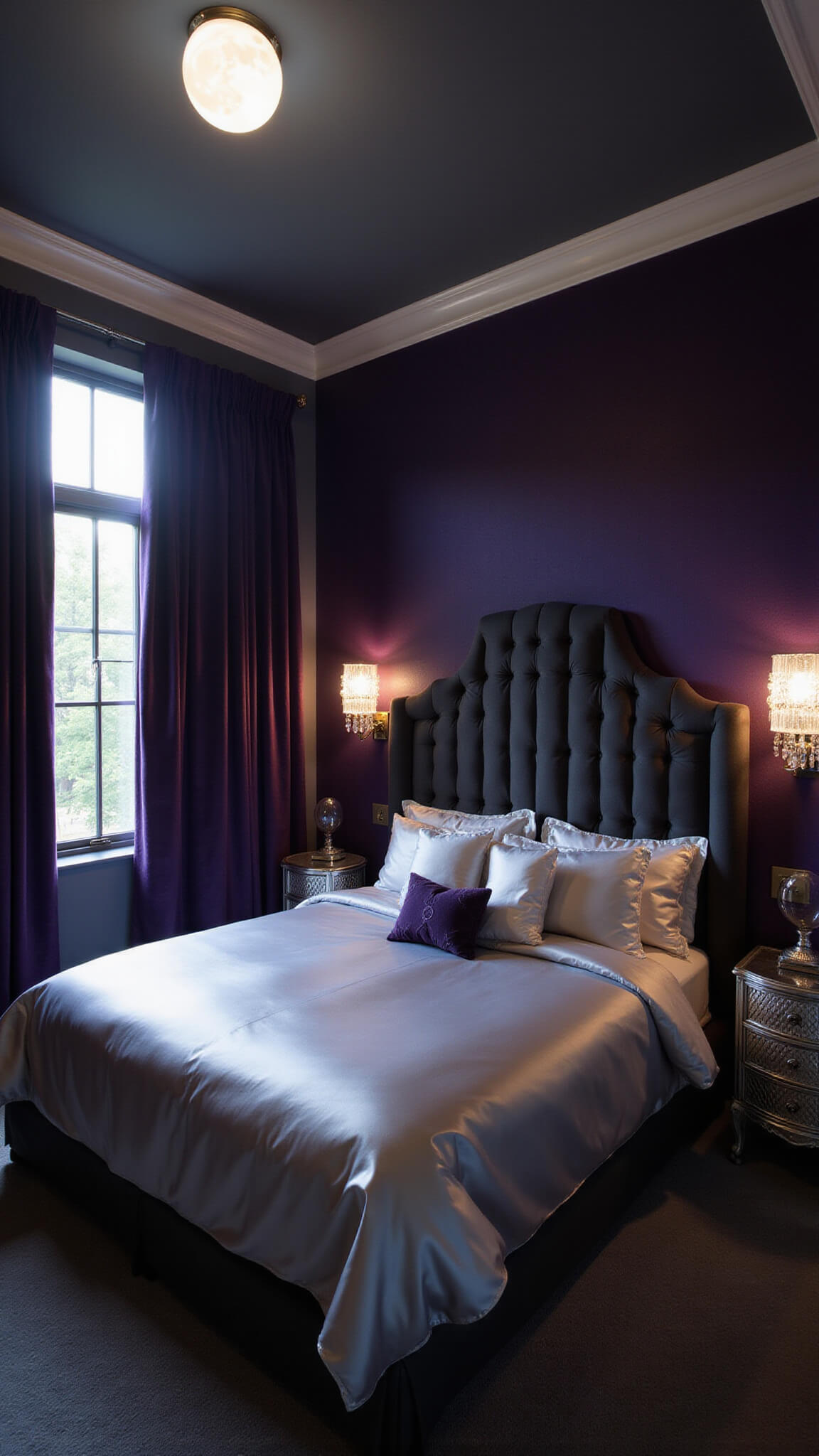 Art deco bedroom at midnight with moonlight through purple drapes, silver bedding on charcoal tufted bed, crystal sconces, and vintage vanity in dramatic low-angle view.