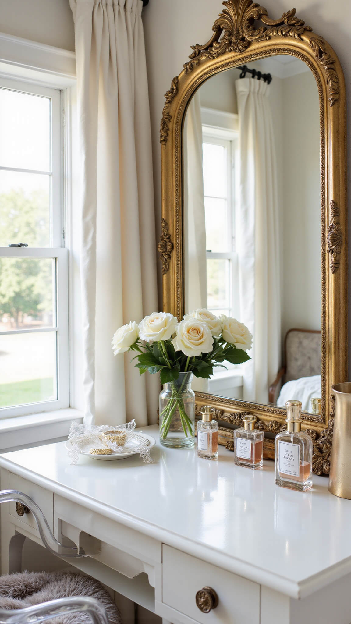 Sunlit bedroom corner with gold baroque mirror, white lacquered vanity, ghost chair with faux fur, crystal perfume bottles, metallic accents, and fresh roses in mercury glass vase.