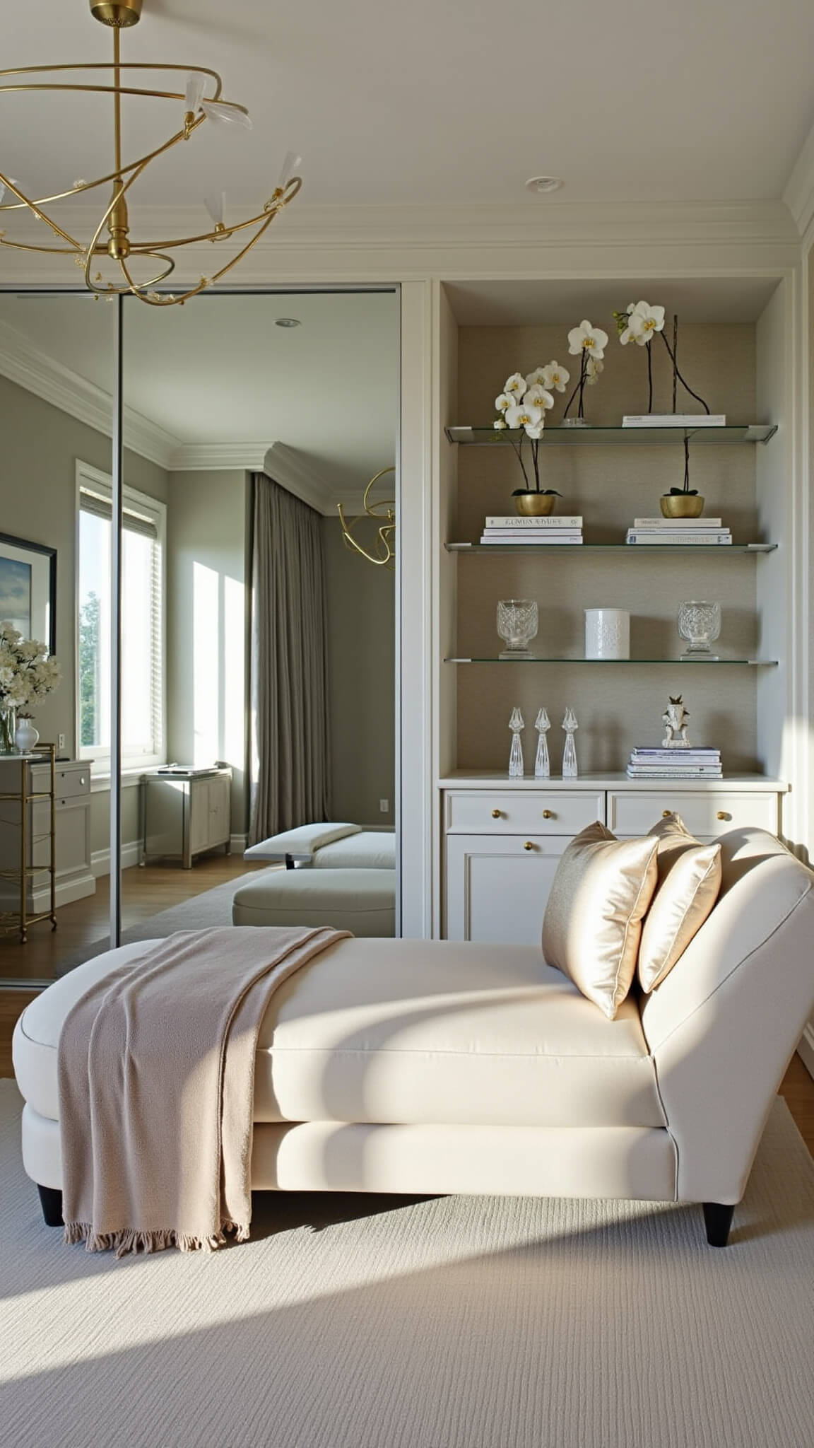 Curved cream bouclé chaise lounge under gold pendant light in sunlit bedroom sitting area with mirrored closet doors, grey silk wallpaper, and styled shelving.