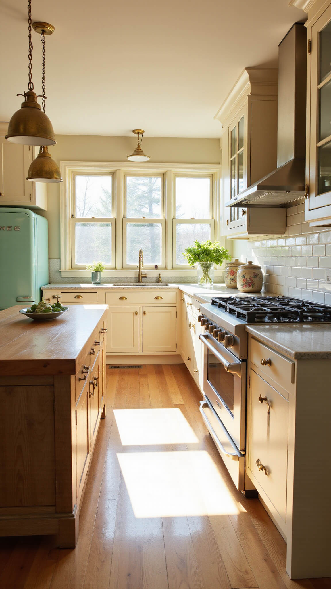 Eye-level view of a sunlit vintage modern kitchen with a mint green SMEG fridge, cream shaker cabinets, butcher block island, and brass accents during golden hour.