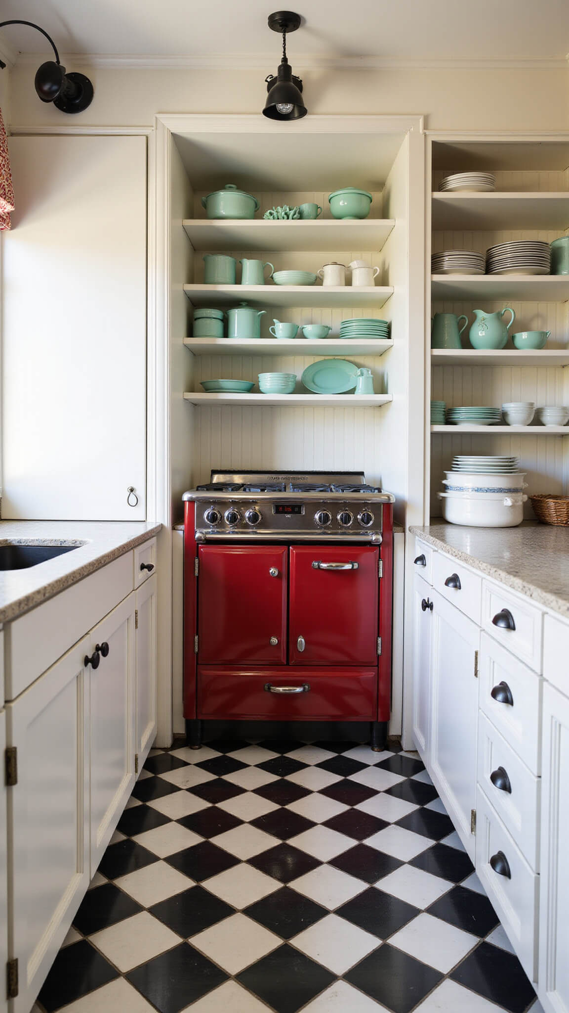 Cozy 10x12 kitchen with white shaker cabinets, cherry red vintage range, checkerboard floor, jadeite dishes on open shelves, and morning light through cafe curtains.