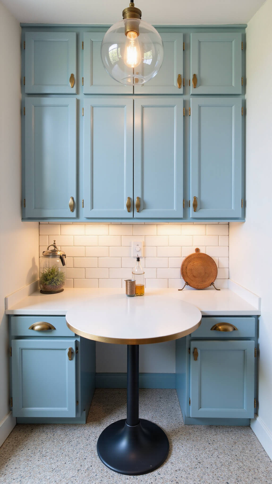 Overhead view of a cozy 6x8ft kitchen nook with baby blue cabinets, vintage Formica table, glass globe pendant, and hex tile flooring during blue hour.