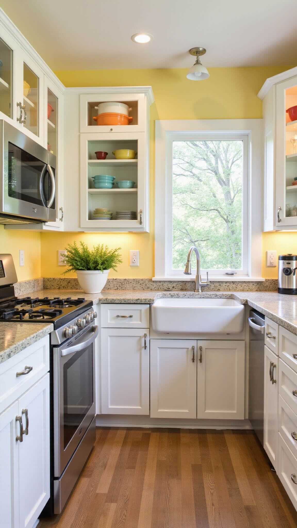 Wide-angle view of a bright 8x14ft galley kitchen with white cabinets, yellow walls, vintage-style stainless panels, colorful Pyrex in glass cabinets, and a farmhouse sink under a large window.
