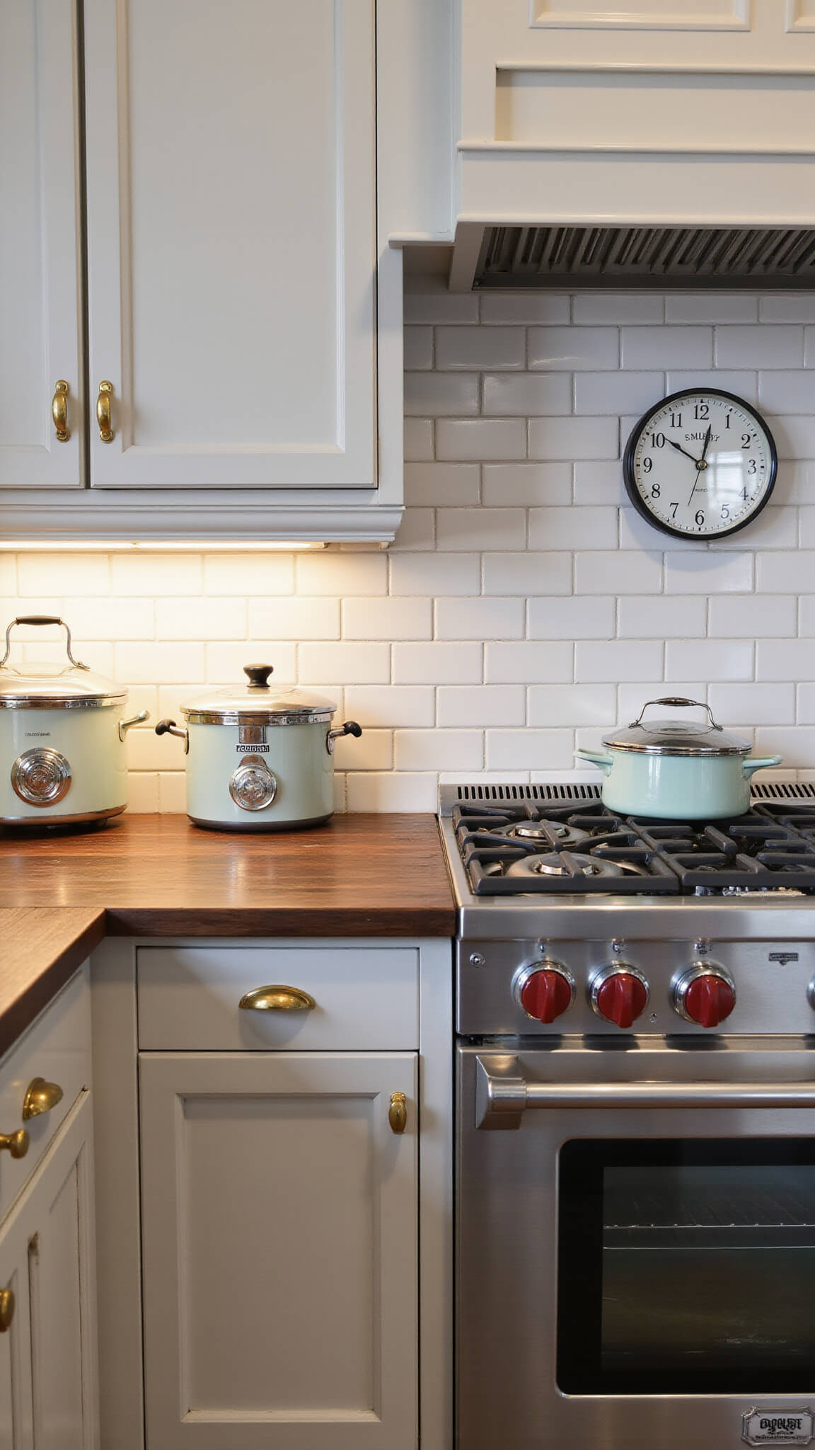 Close-up of a 15x20ft kitchen at dusk featuring dark walnut countertops, pale gray cabinets with vintage bin pulls, under-cabinet lighting on white subway tiles, chrome retro appliances, and a vintage enamel clock above a modern classic-style range.