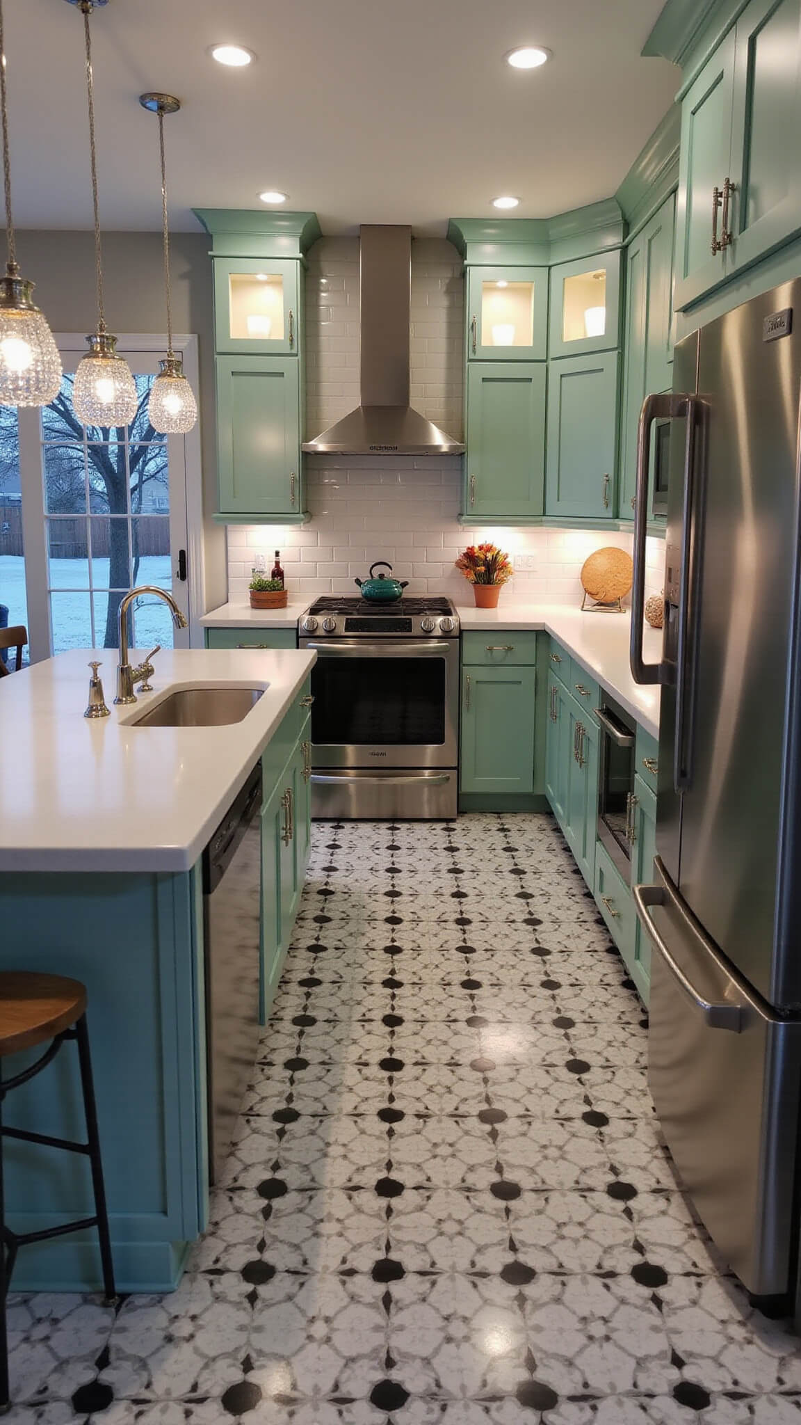 Twilight view of open-concept kitchen with mint green cabinets, black and white tiled floor, white quartz island, stainless appliances, and crystal chandelier.