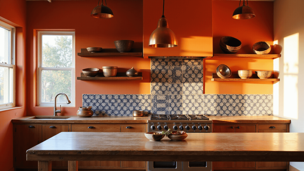 "Bohemian kitchen with terracotta walls, geometric tiles, copper lights, wooden shelves with baskets and bowls, and vintage African textiles during golden hour"