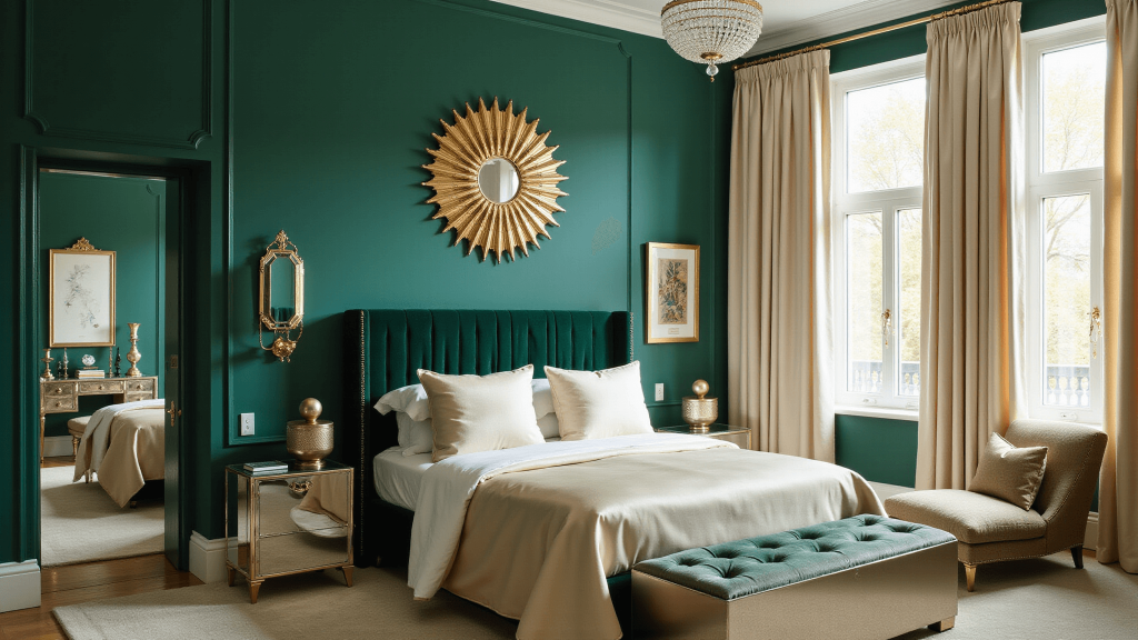 "Art Deco bedroom with emerald walls, gold mirror, crystal pendant light, mirrored vanity, a chaise lounge, and silk bedding"