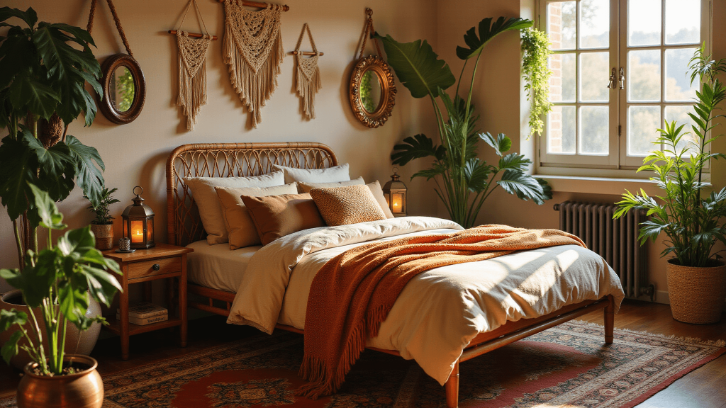 "Bohemian bedroom with rattan bed, macrame wall hangings, indoor plants and glowing Moroccan lanterns in warm golden light"