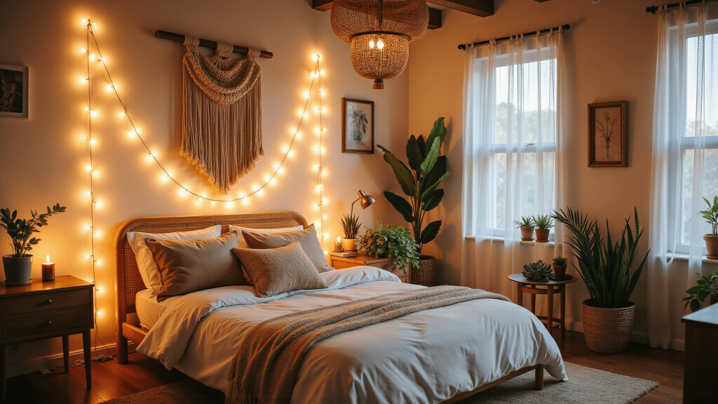 "Dreamy boho bedroom with rattan bed, macrame wall decor, curtain lights, potted plants, and earthy textiles in golden hour lighting"