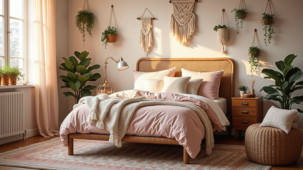"Sunlit boho-style bedroom with blush pink bedding, macramé wall hangings, hanging pothos plants, brass accents, and warm lighting"