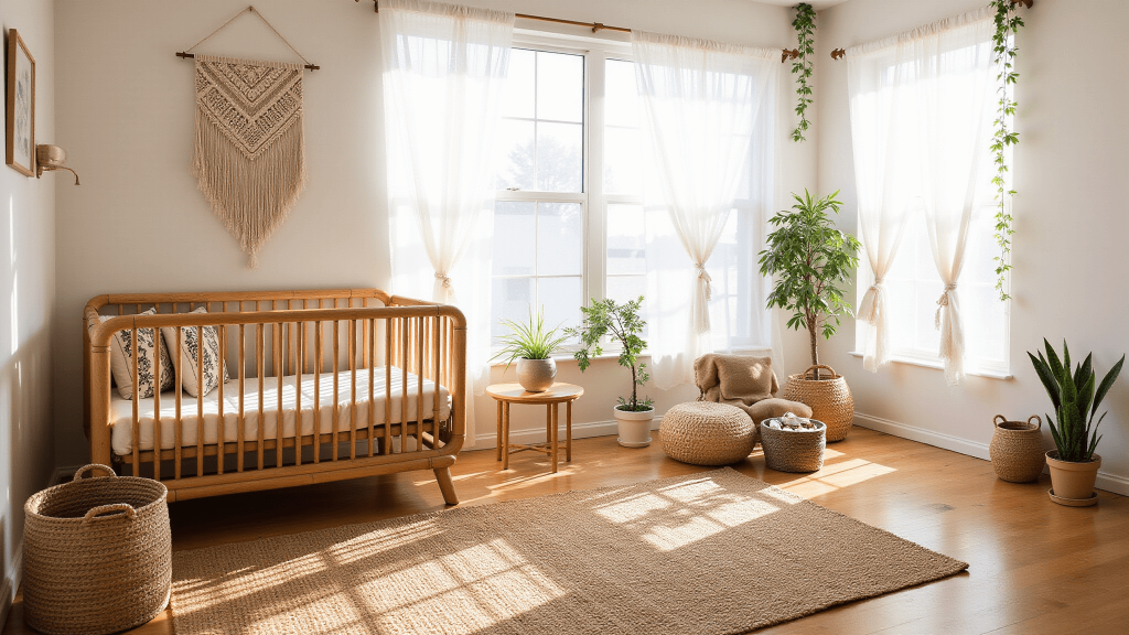 "Sunlit boho nursery with rattan crib, macramé wall hanging, jute rugs, potted plants, woven baskets, and golden hour lighting."