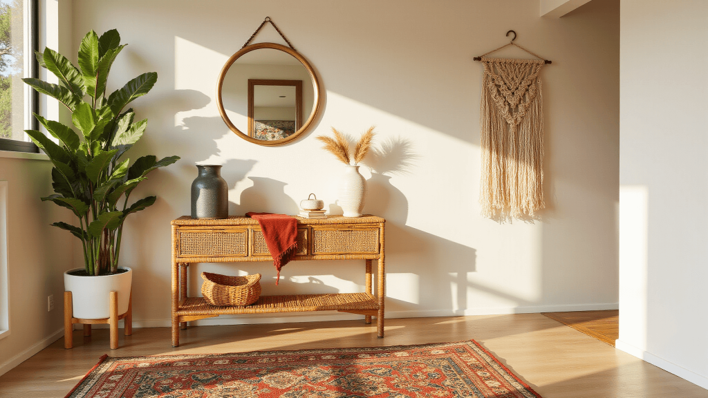 "Sunlit boho-style entryway with vintage mirror, rattan console table, layered rugs, and decor accents in golden-hour lighting"