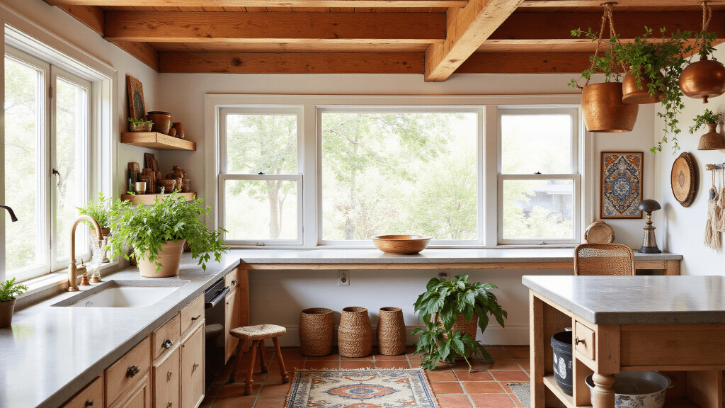 "Bohemian style kitchen with sunlit natural elements, exposed wooden beams, raw concrete counters, vibrant Moroccan tiles, and green indoor plants."