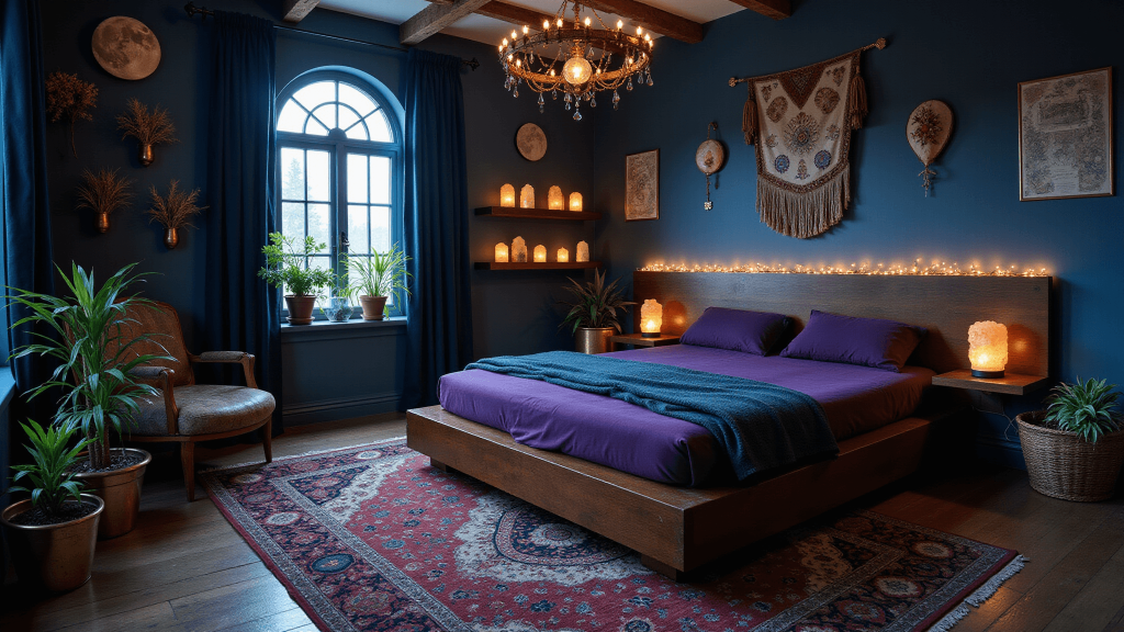 "Boho witchy bedroom with mahogany platform bed, purple velvet bedding, midnight blue curtains, Persian rug, crystal displays, salt lamps, fairy lights, dried herbs, and potted plants on blue walls"