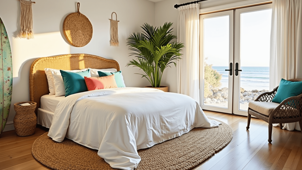 "Boho coastal bedroom with white linen bed, rattan headboard, natural textures, sunlit room, and ocean view during golden hour"