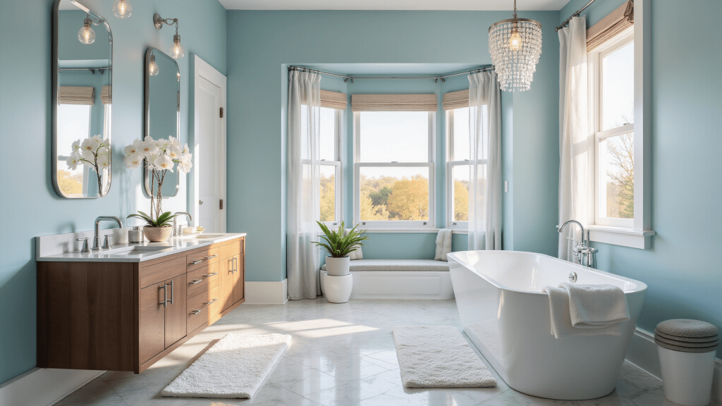 "Luxurious blue bathroom with coastal elements, freestanding tub, marble floor and walnut vanity bathed in natural sunlight"