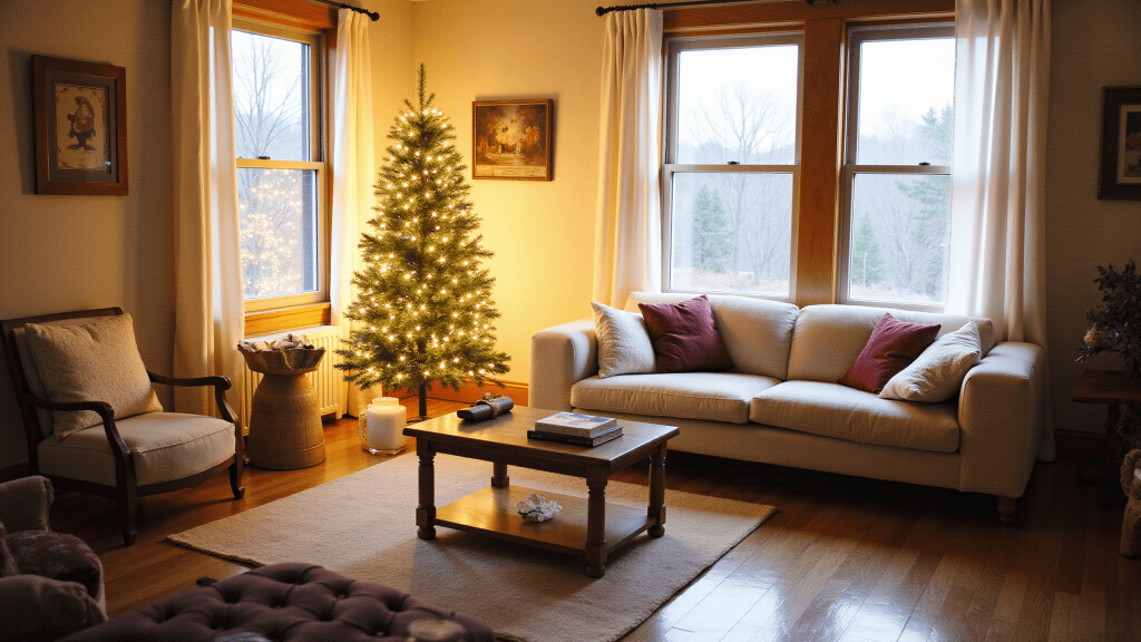 "Cozy Christmas living room with a glowing tree, golden sunlight streaming through the windows, plush furniture, vintage ornaments, and warm white lights."